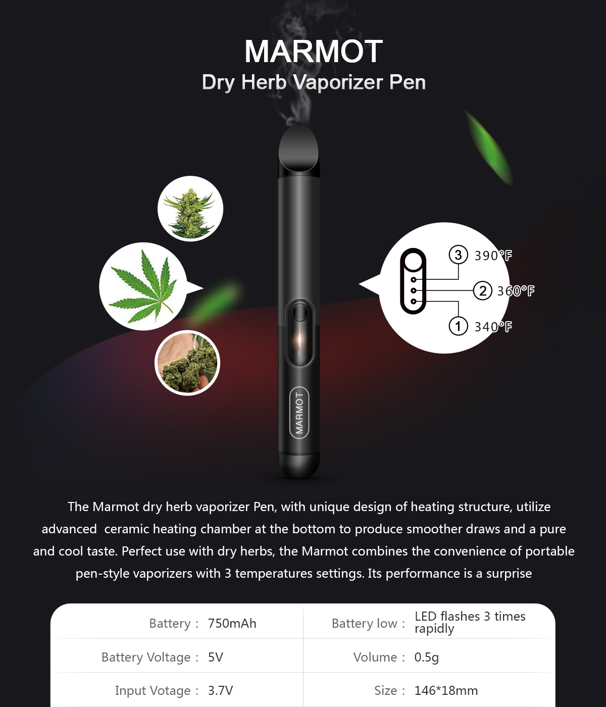ATMAN Marmot Dry Herb Vaporizer Pen Ceramic Heating With 3 Temperature Settings Pure Taste